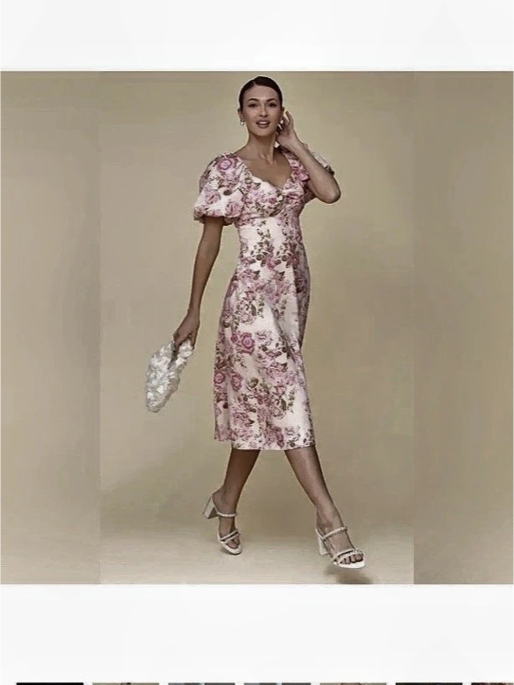 Avec Les Filles Floral Puff Sleeve Midi Dress Pink & Cream